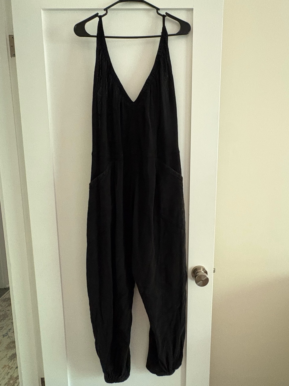 Free People Black Women's V-Neck Linen Jumpsuit